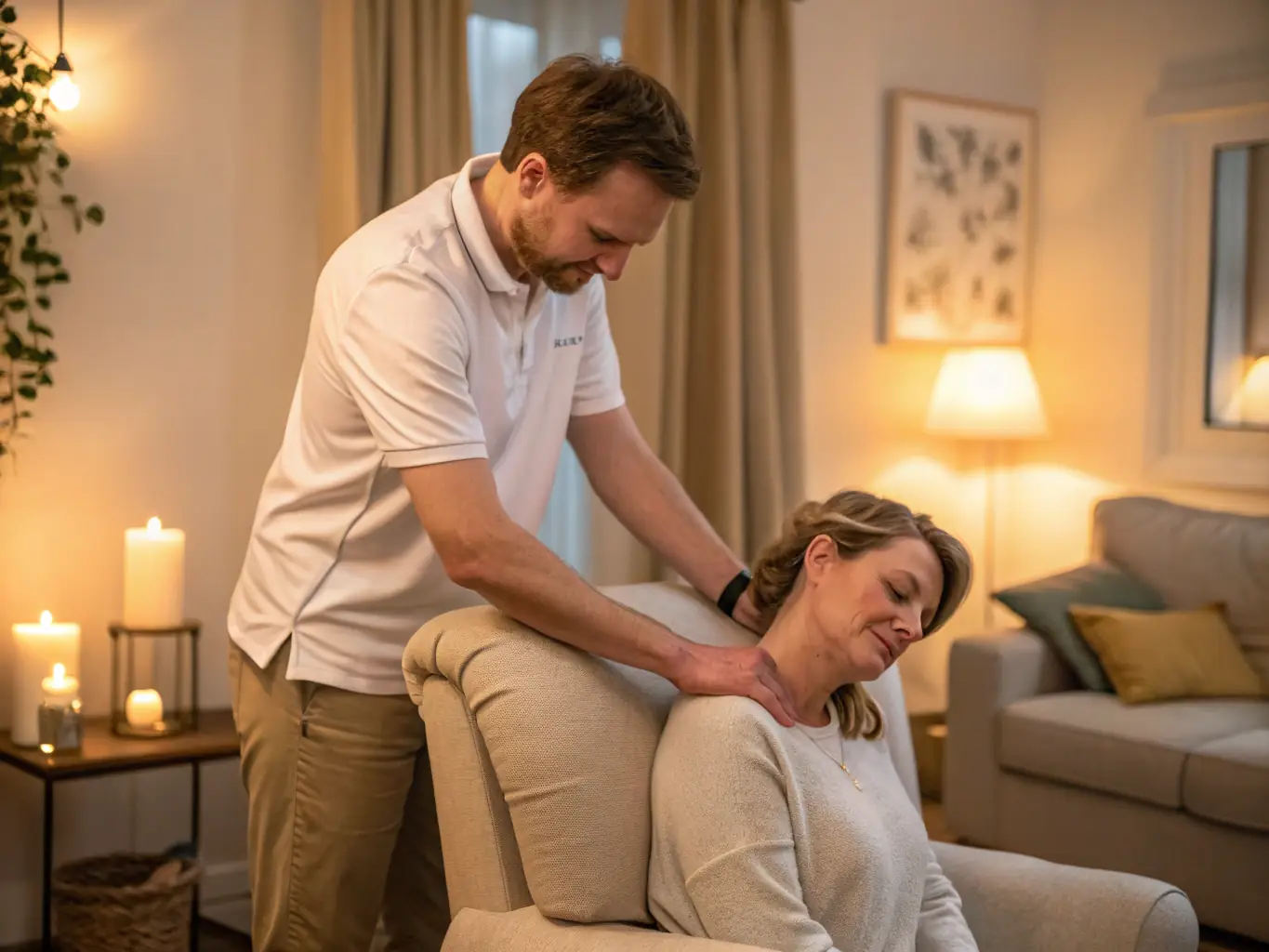 A therapist performing a massage in a cozy, well-lit living room setting, emphasizing comfort and privacy. The room is decorated with calming colors and soft lighting to enhance the relaxation experience.