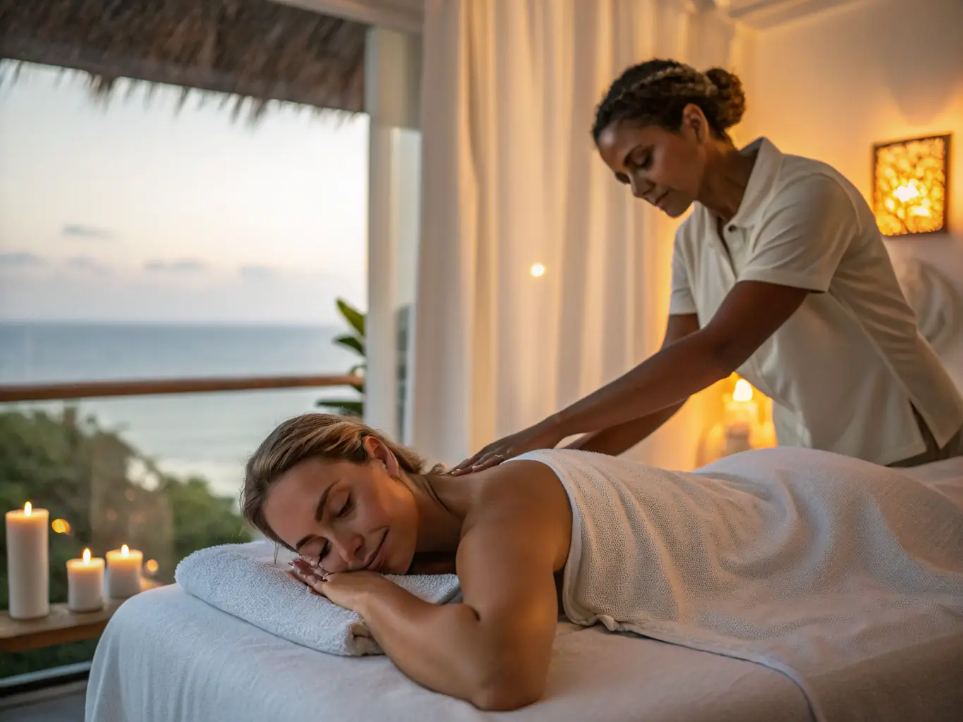 A person receiving a neck and shoulder massage, focusing on stress relief and relaxation. The therapist is using gentle techniques to ease tension and promote well-being.