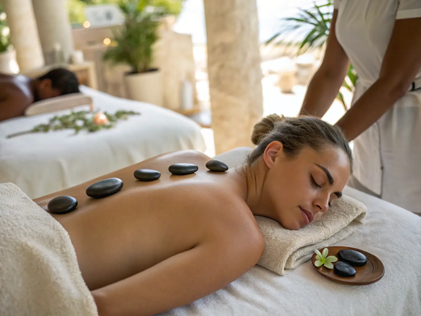 A visually appealing image of a therapist performing a hot stone massage, with smooth, heated stones placed on the client's back.